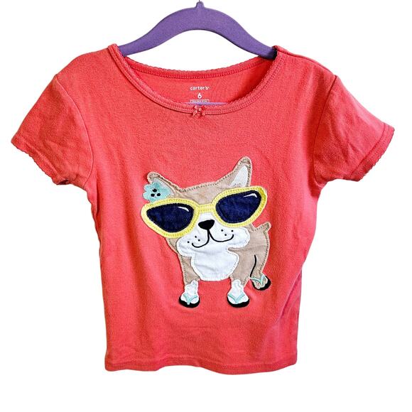 Carters Girls Size 6 Giant Sunglasses Dog Applique Tee Shirt Coral Orange - Picture 1 of 5